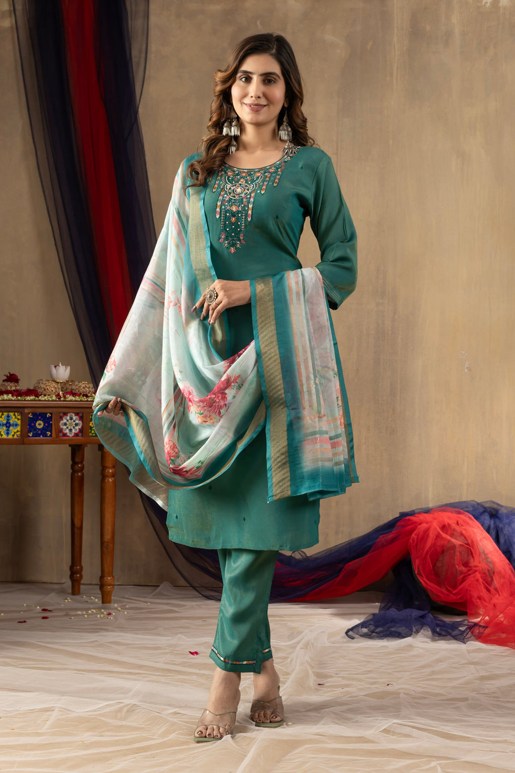 Lorenvalley Fashion Rama Shimmer Gold Silk Multi Embroidery Thread With Hand Work Kurta Pant Dupatta