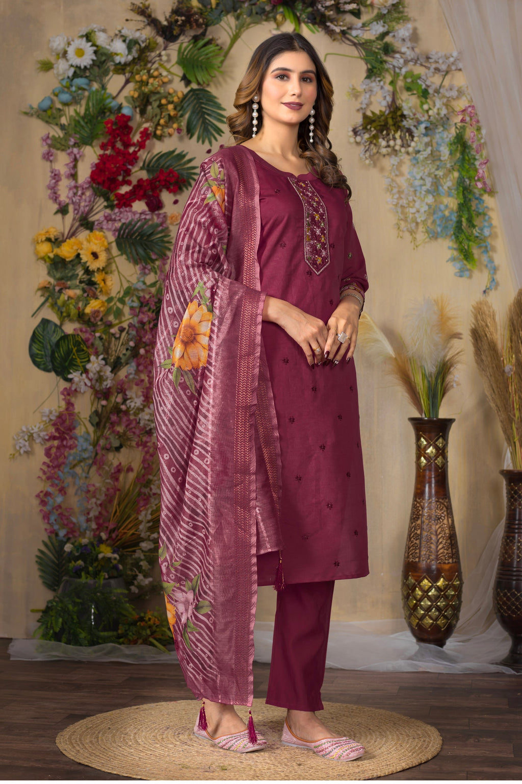Lorenvalley Fashion Cerise Roman Silk Multi Embroidery Thread With Hand Work Kurta Pant Dupatta