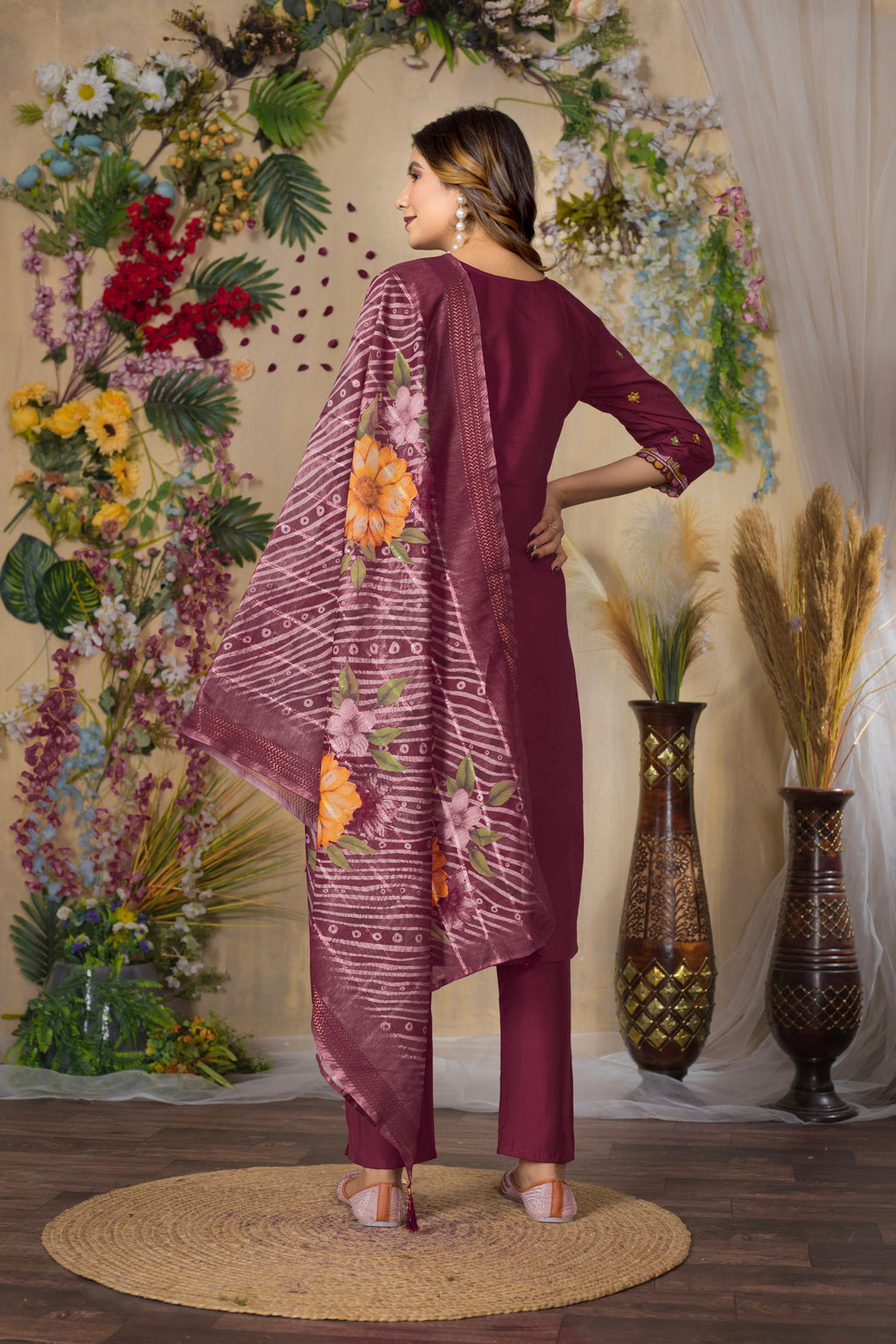 Lorenvalley Fashion Cerise Roman Silk Multi Embroidery Thread With Hand Work Kurta Pant Dupatta