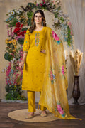 Lorenvalley Fashion Mustrad Roman Silk Multi Embroidery Thread With Hand Work Kurta Pant Dupatta