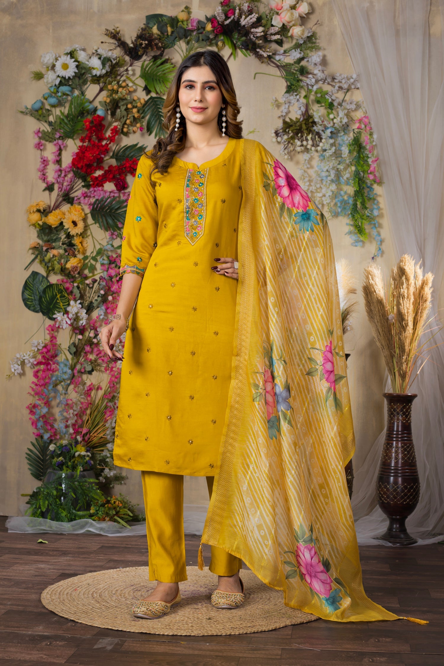 Lorenvalley Fashion Mustrad Roman Silk Multi Embroidery Thread With Hand Work Kurta Pant Dupatta