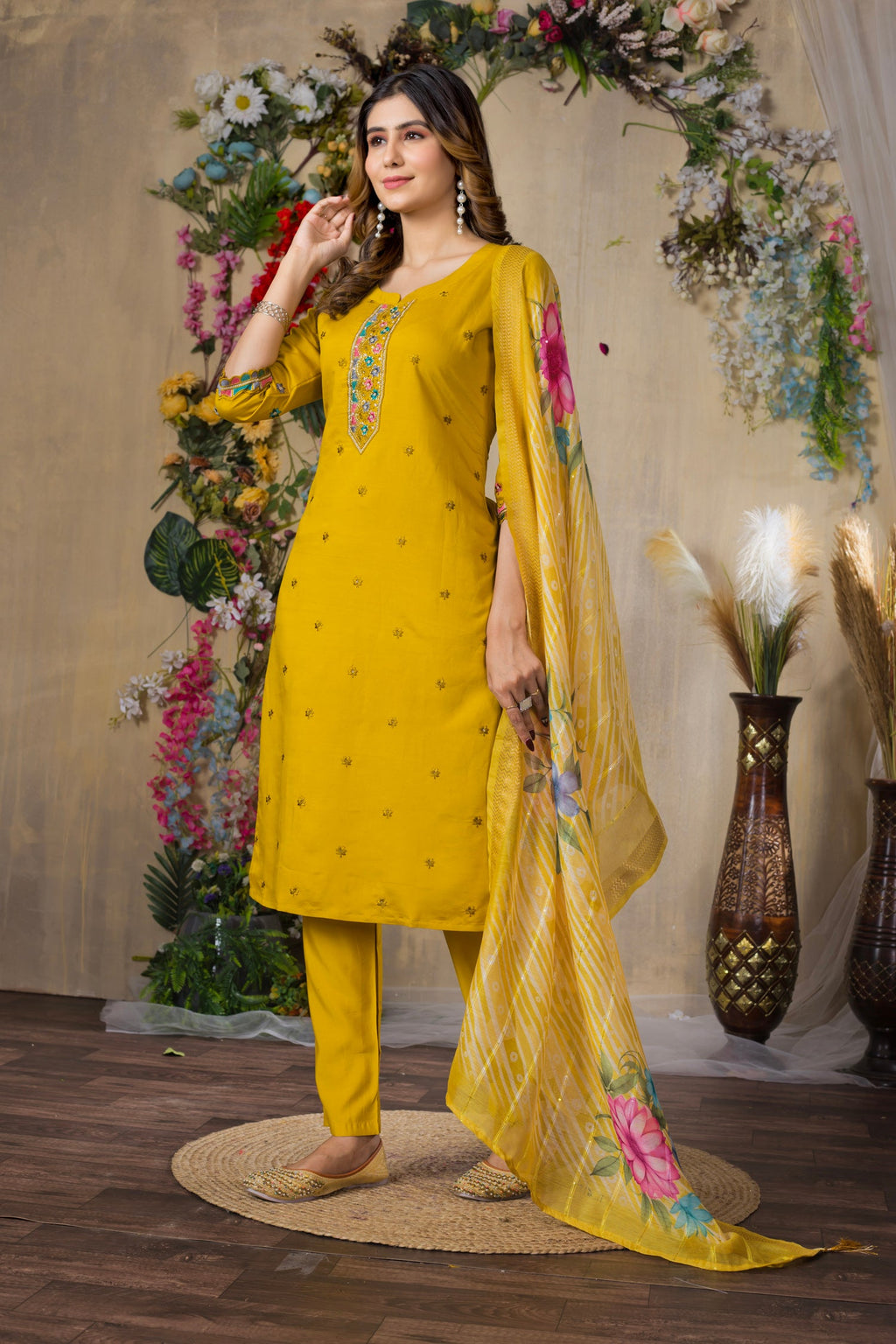 Lorenvalley Fashion Mustrad Roman Silk Multi Embroidery Thread With Hand Work Kurta Pant Dupatta