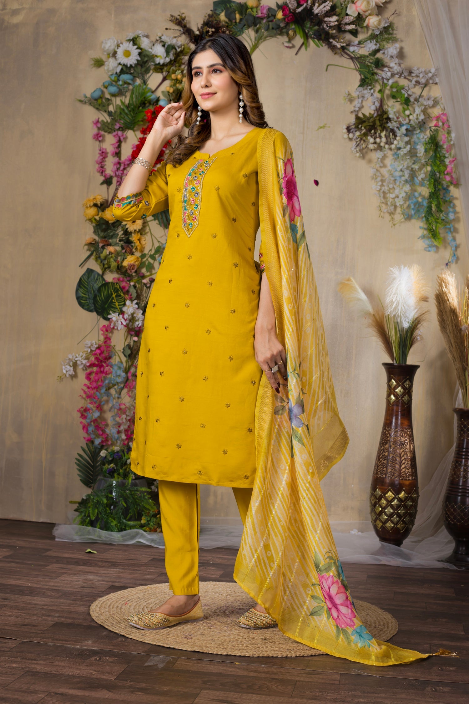 Lorenvalley Fashion Mustrad Roman Silk Multi Embroidery Thread With Hand Work Kurta Pant Dupatta