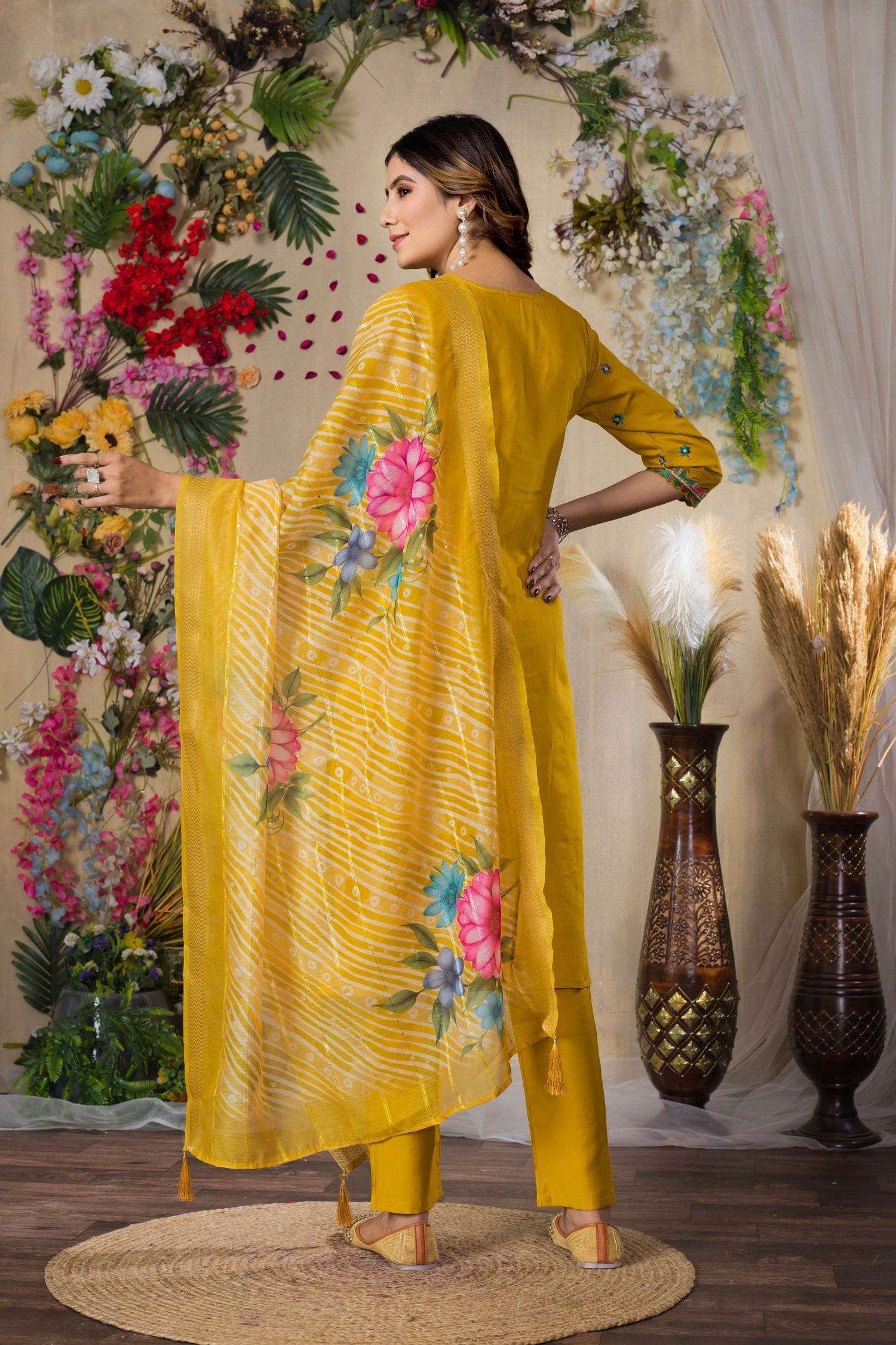 Lorenvalley Fashion Mustrad Roman Silk Multi Embroidery Thread With Hand Work Kurta Pant Dupatta