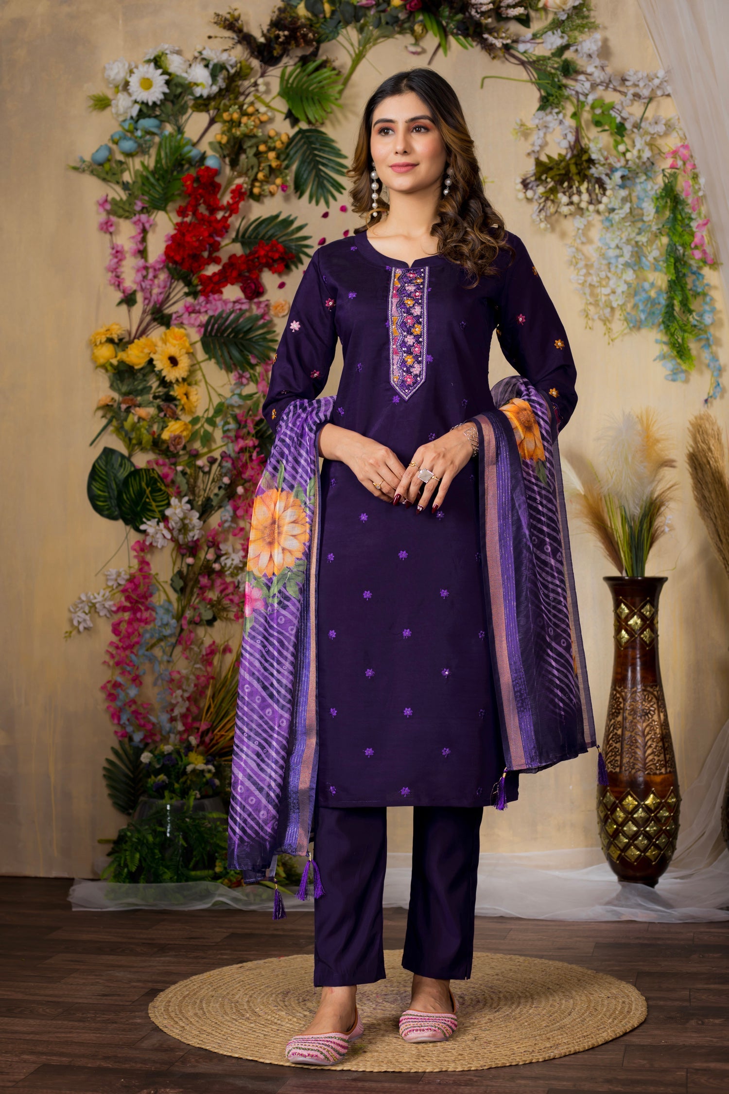 Lorenvalley Fashion Purple Roman Silk Multi Embroidery Thread With Hand Work Kurta Pant Dupatta