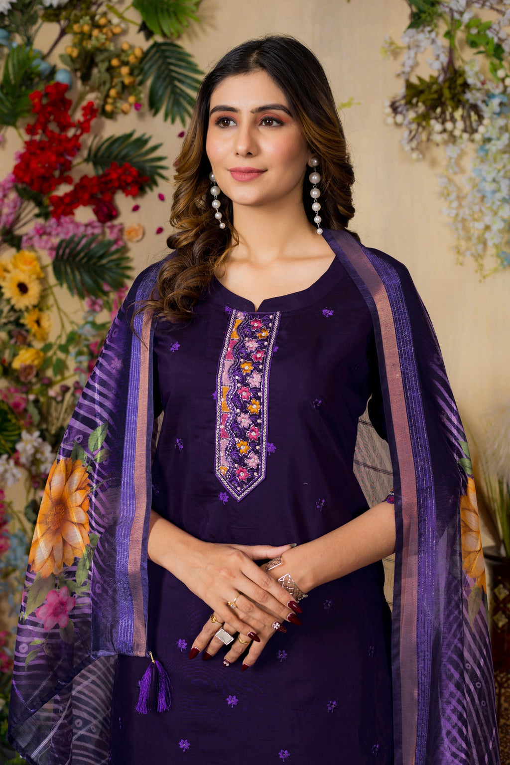 Lorenvalley Fashion Purple Roman Silk Multi Embroidery Thread With Hand Work Kurta Pant Dupatta