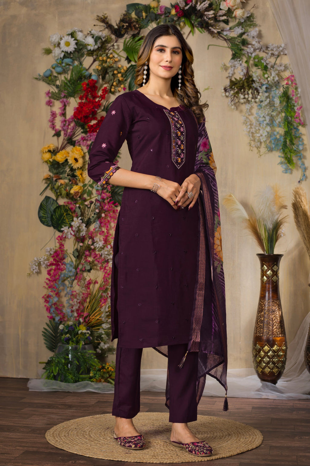 Lorenvalley Fashion Wine Roman Silk Multi Embroidery Thread With Hand Work Kurta Pant Dupatta