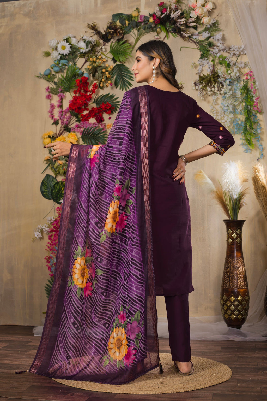 Lorenvalley Fashion Wine Roman Silk Multi Embroidery Thread With Hand Work Kurta Pant Dupatta