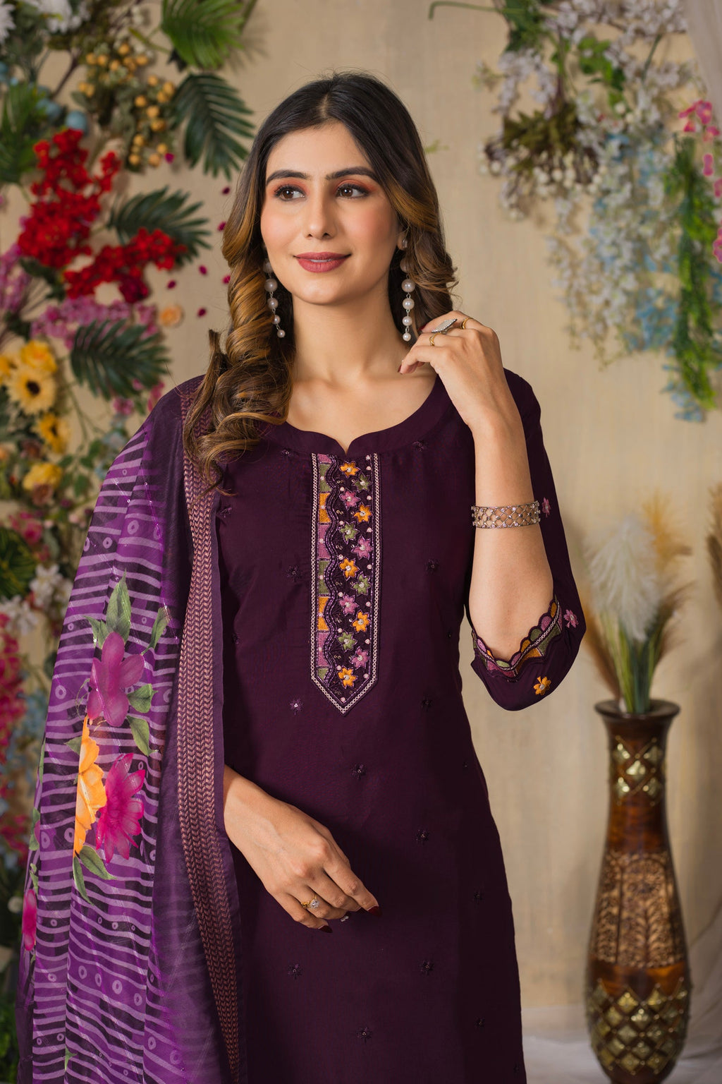 Lorenvalley Fashion Wine Roman Silk Multi Embroidery Thread With Hand Work Kurta Pant Dupatta