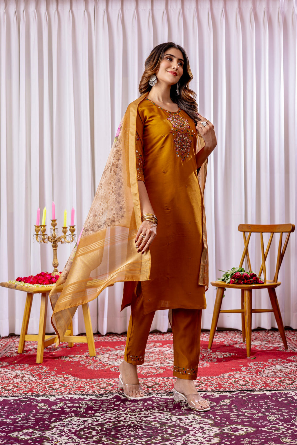 Lorenvalley Fashion Mustard Viscose Silk Embroidery Thread With Hand Work Kurta Pant Dupatta