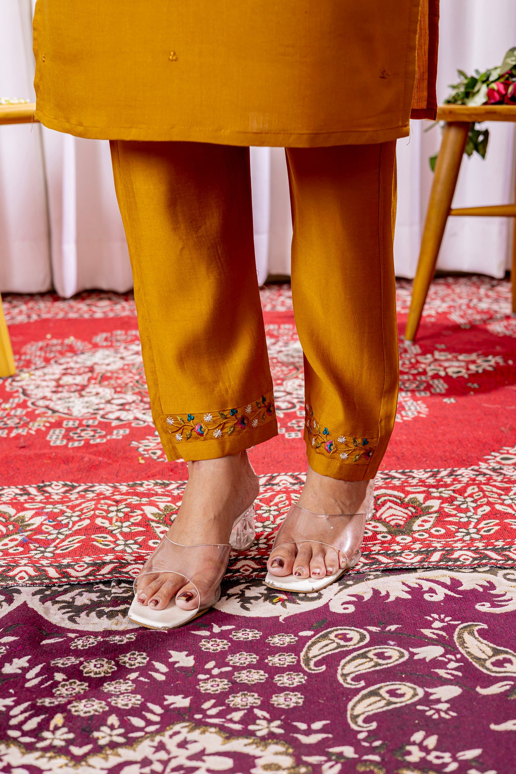 Lorenvalley Fashion Mustard Viscose Silk Embroidery Thread With Hand Work Kurta Pant Dupatta