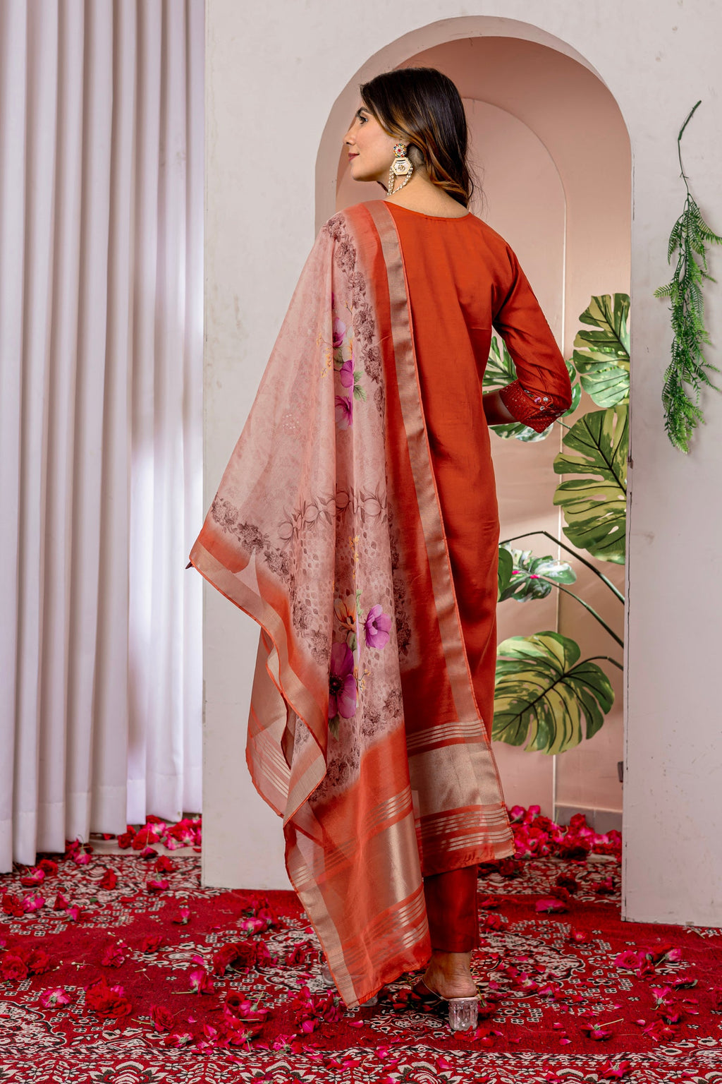 Lorenvalley Fashion Orange Viscose Silk Embroidery Thread With Hand Work Kurta Pant Dupatta