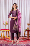 Lorenvalley Fashion Wine Viscose Silk Embroidery Thread With Hand Work Kurta Pant Dupatta