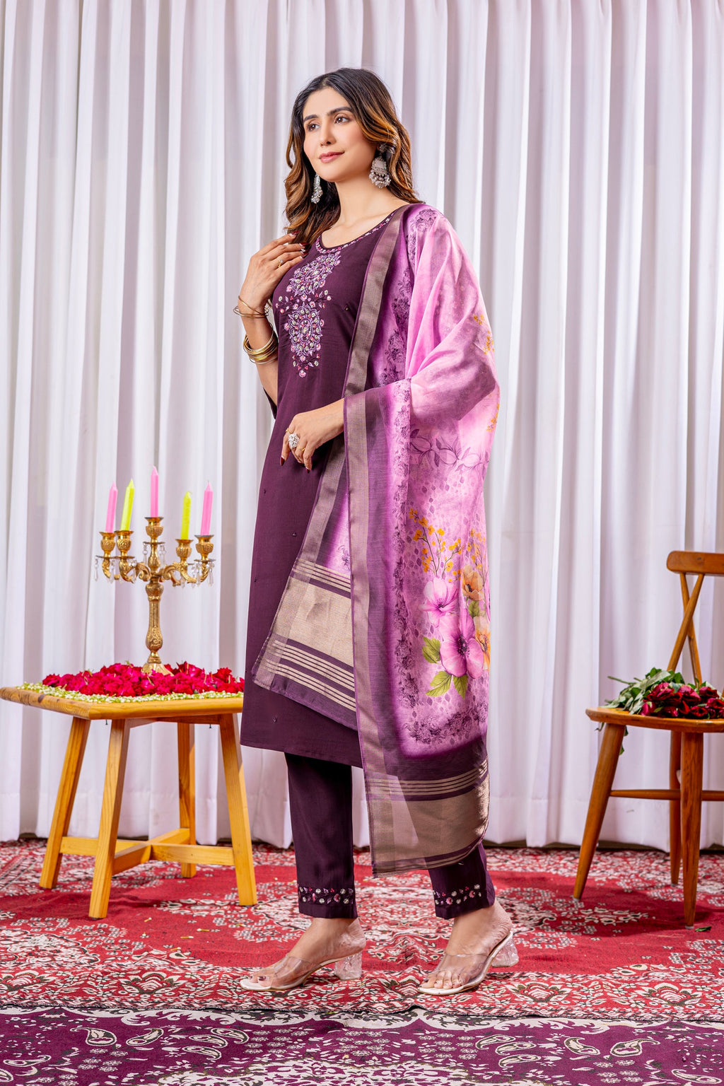 Lorenvalley Fashion Wine Viscose Silk Embroidery Thread With Hand Work Kurta Pant Dupatta
