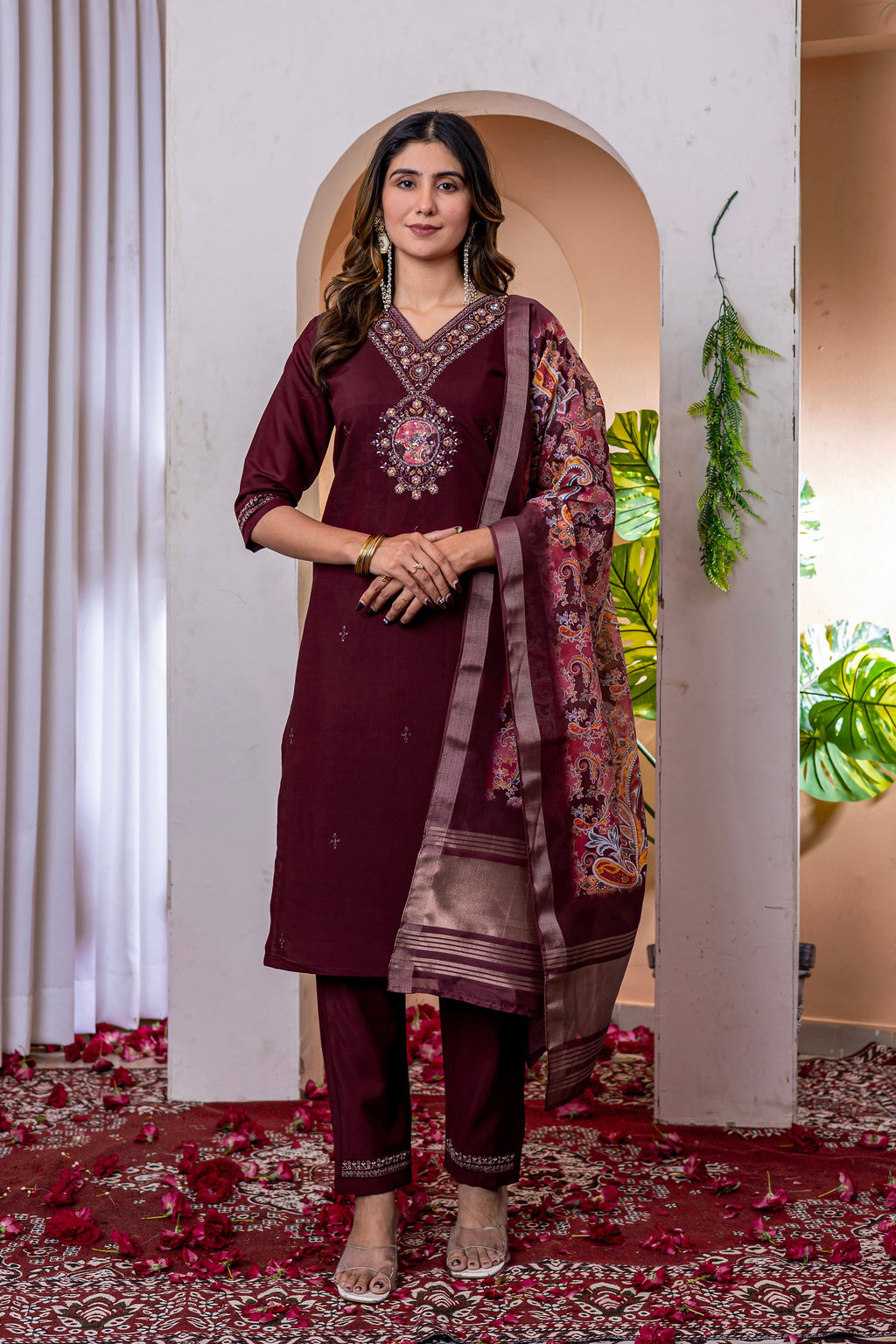 Lorenvalley Fashion Wine Marina Viscose Silk Embroidery Thread With Hand Work Kurta Pant Dupatta