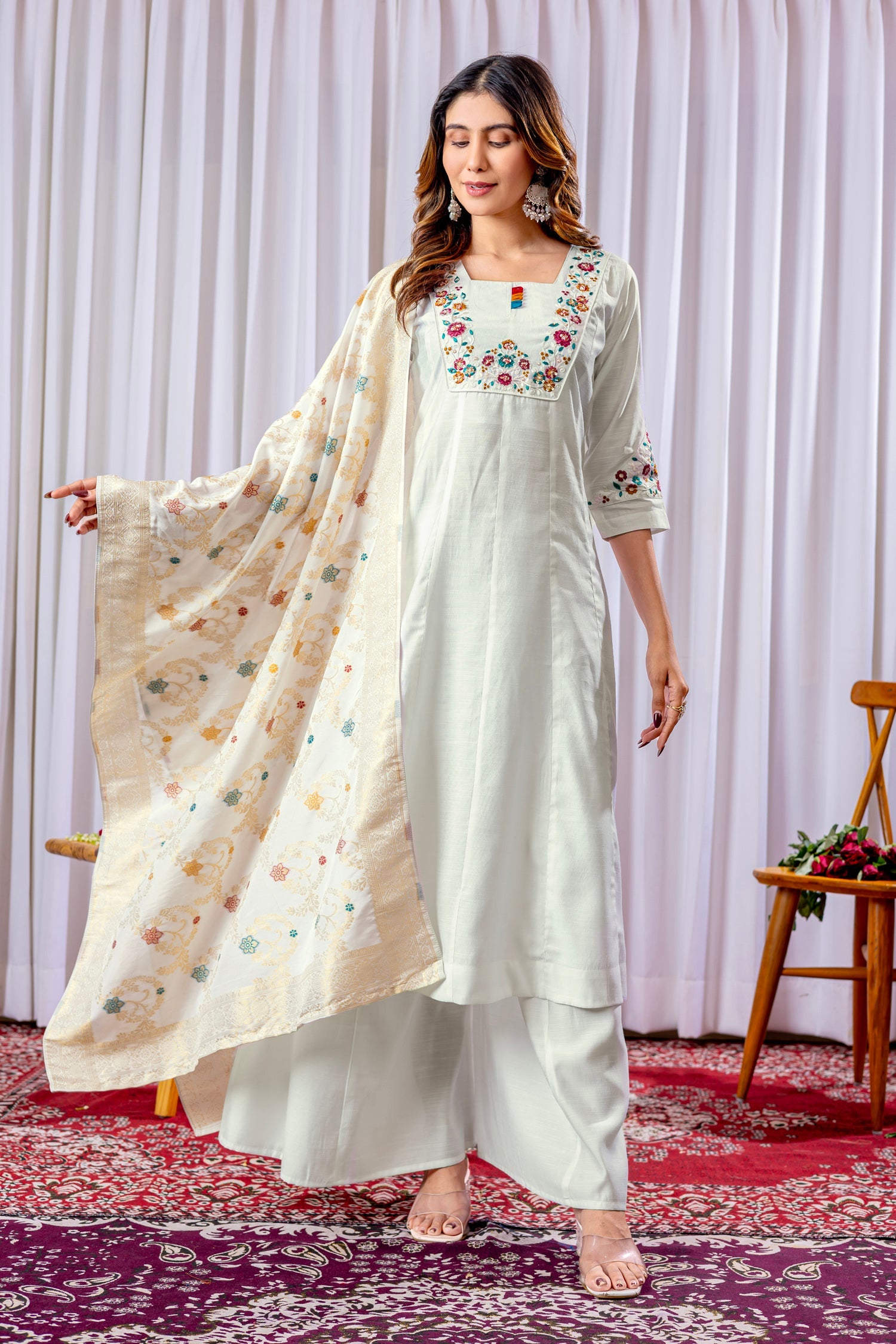 Lorenvalley Fashion White Mango Silk Multi Embroidery Thread,With Hand Work Kurta Palazzo Dupatta