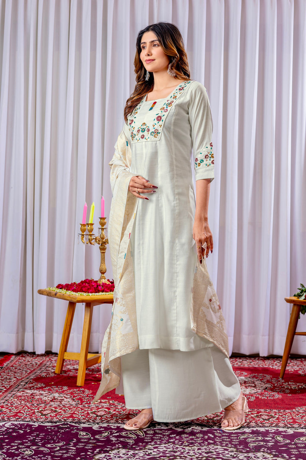 Lorenvalley Fashion White Mango Silk Multi Embroidery Thread,With Hand Work Kurta Palazzo Dupatta