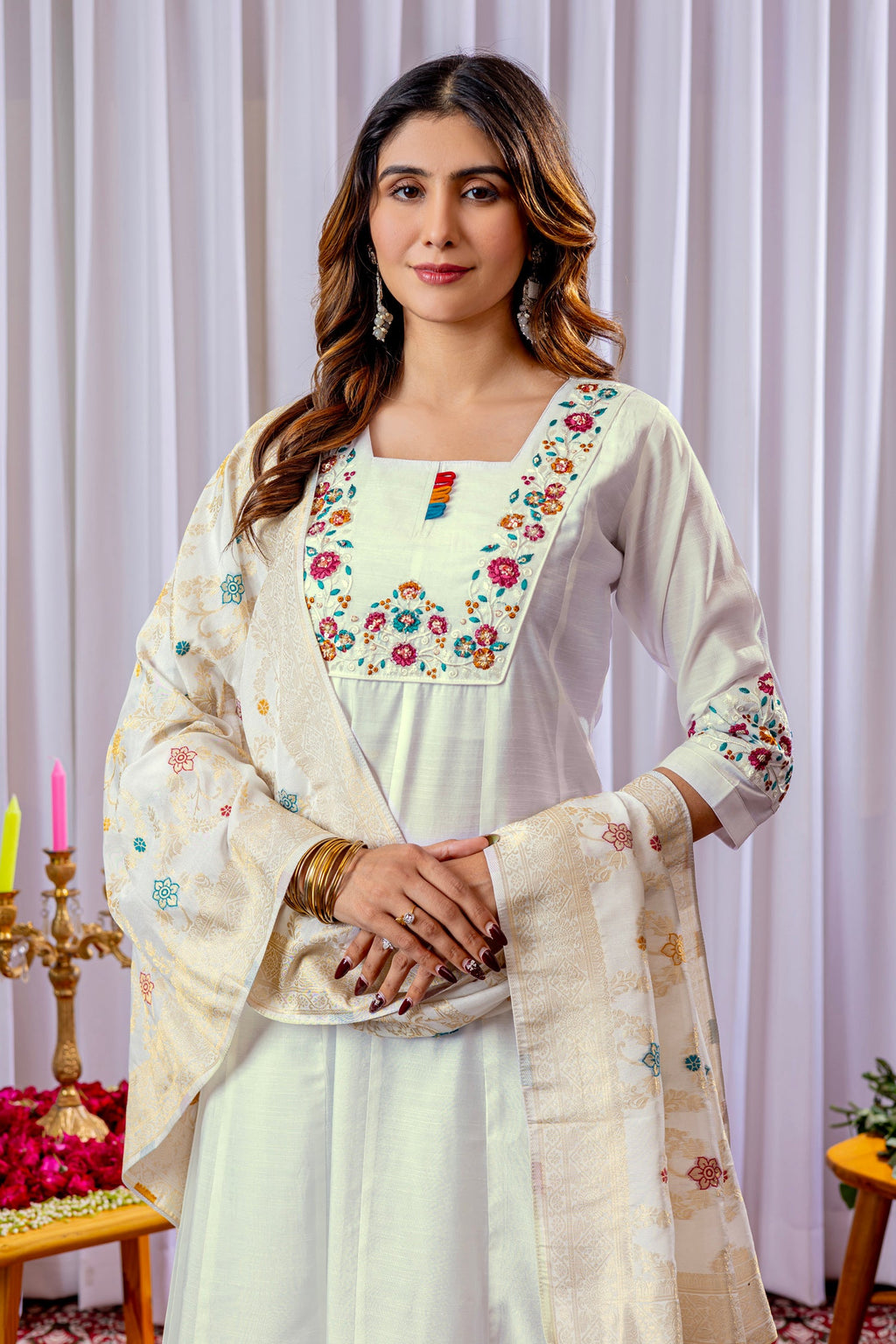 Lorenvalley Fashion White Mango Silk Multi Embroidery Thread,With Hand Work Kurta Palazzo Dupatta