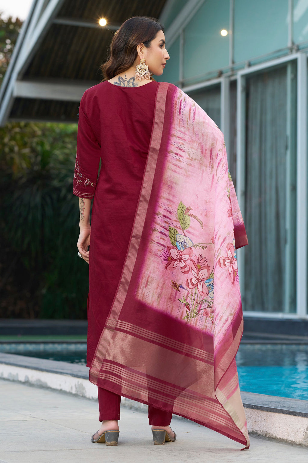 Lorenvalley Fashion Maroon Viscose Silk Multi Embroidery Thread,With Hand Work Kurta Pant Dupatta