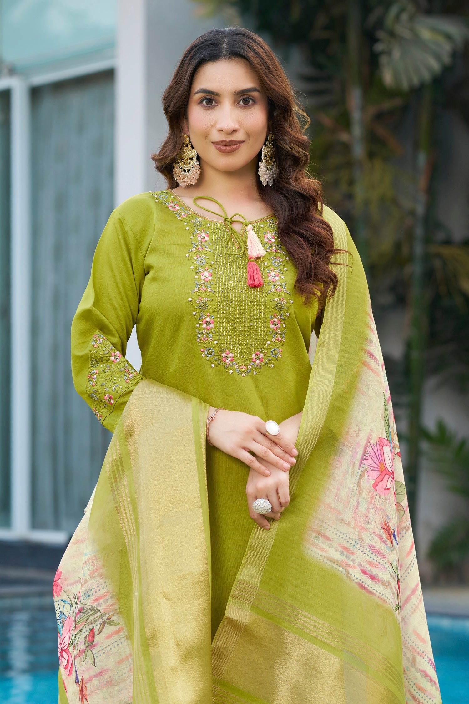 Lorenvalley Fashion Parrotgreen Viscose Silk Multi Embroidery Thread,With Hand Work Kurta Pant Dupatta