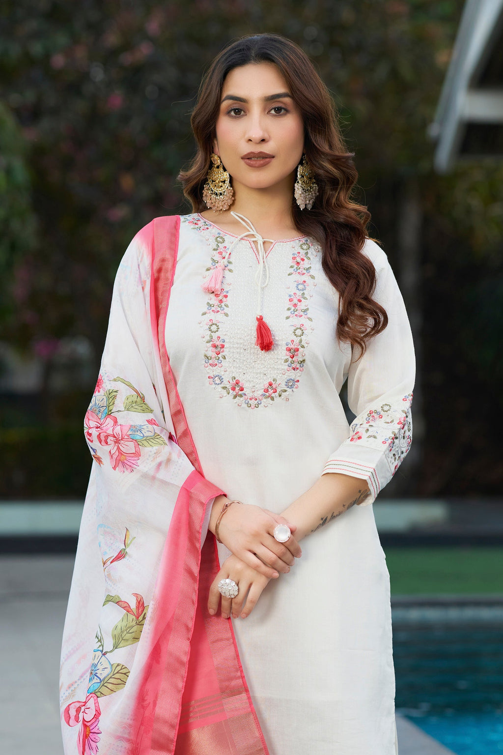 Lorenvalley Fashion White Viscose Silk Multi Embroidery Thread,With Hand Work Kurta Pant Dupatta