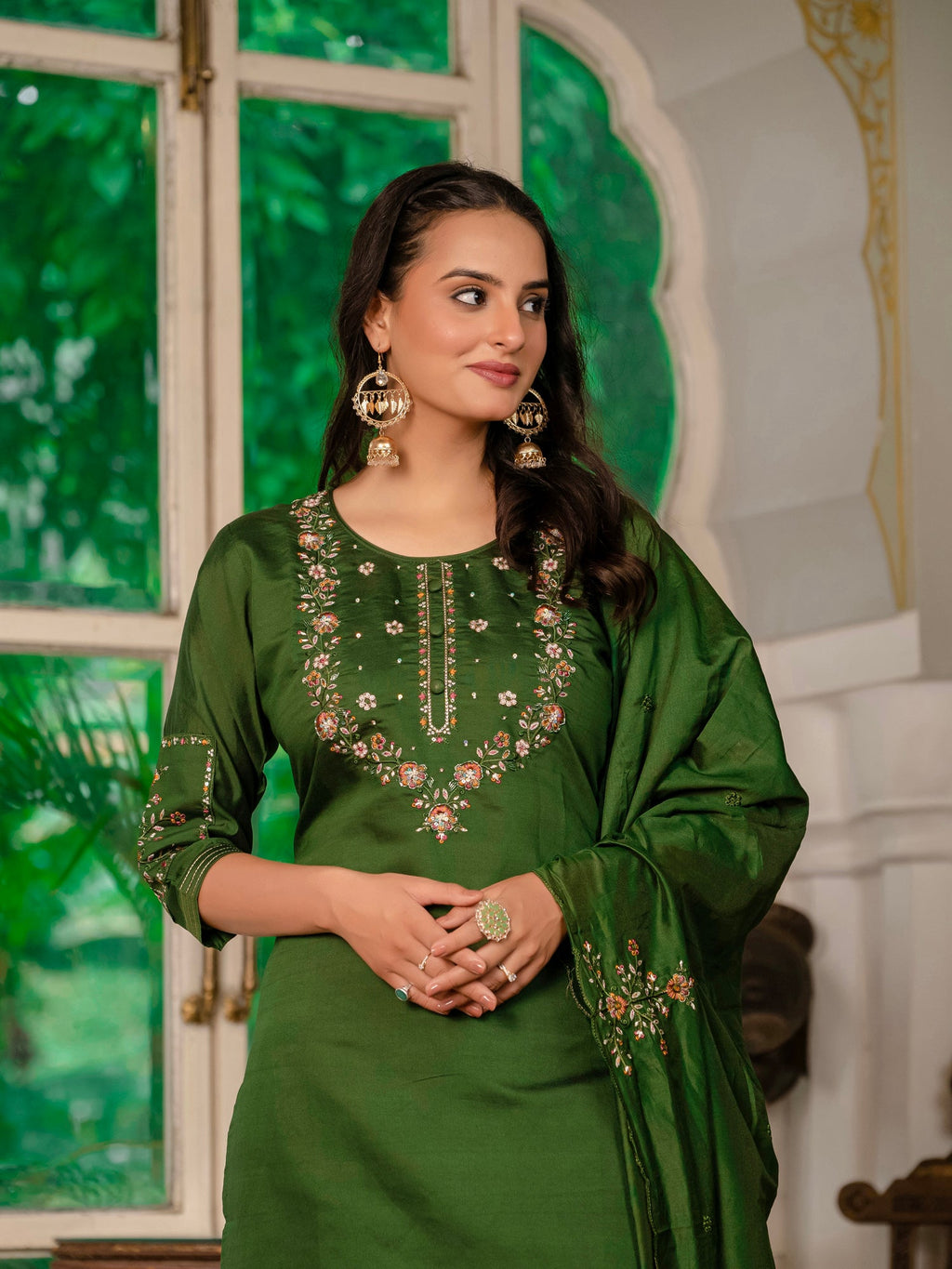 Lorenvalley Fashion Green Marina Silk Multi Embroidery Thread,With Hand Work Kurta Pant Dupatta