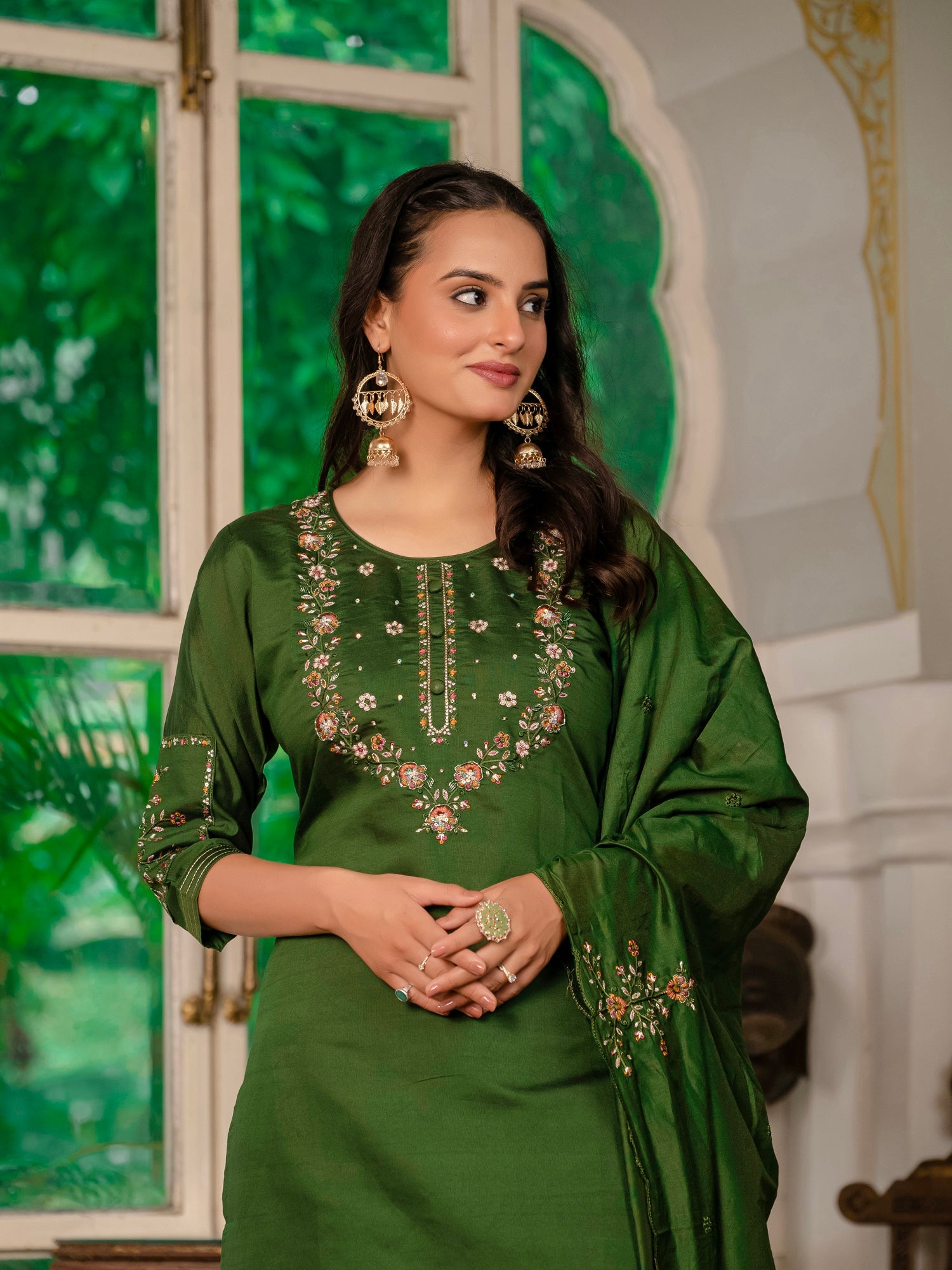 Lorenvalley Fashion Green Marina Silk Multi Embroidery Thread,With Hand Work Kurta Pant Dupatta