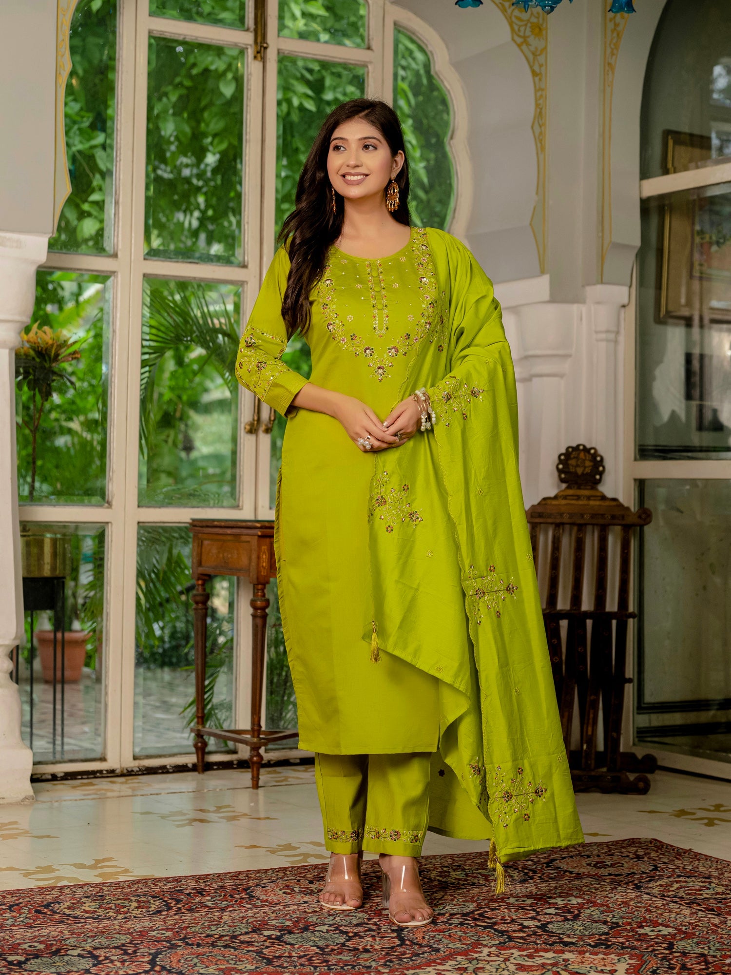 Lorenvalley Fashion Parrotgreen Marina Silk Multi Embroidery Thread,With Hand Work Kurta Pant Dupatta