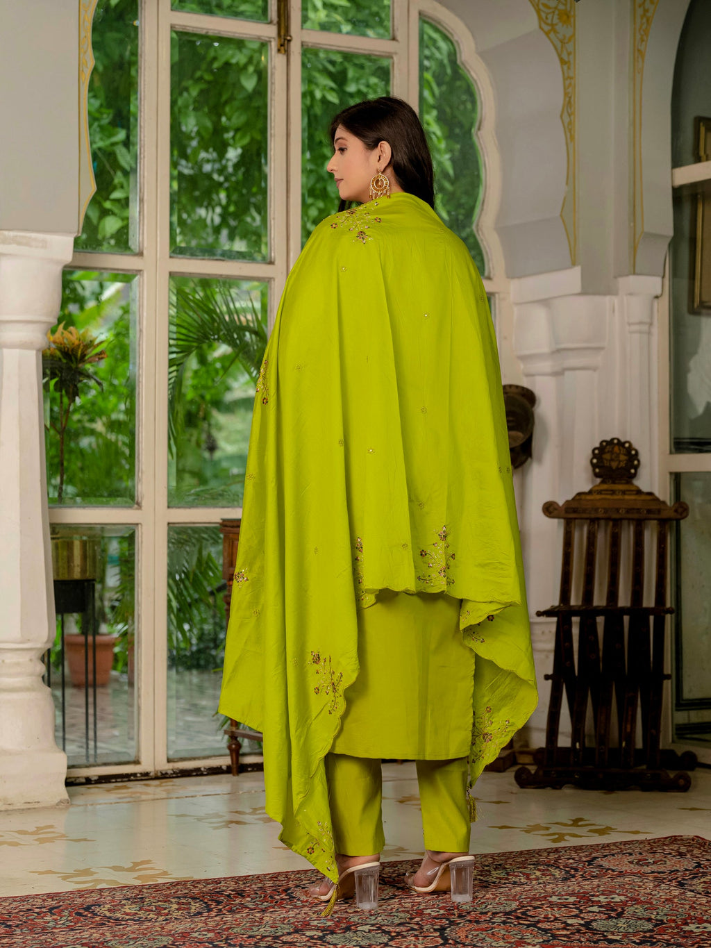 Lorenvalley Fashion Parrotgreen Marina Silk Multi Embroidery Thread,With Hand Work Kurta Pant Dupatta