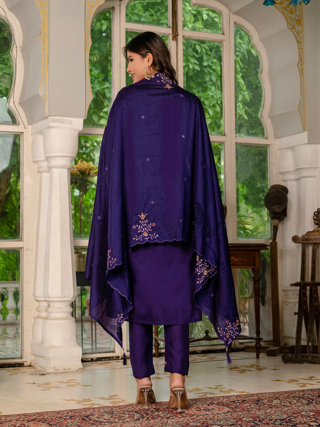 Lorenvalley Fashion Wine Marina Silk Multi Embroidery Thread,With Hand Work Kurta Pant Dupatta