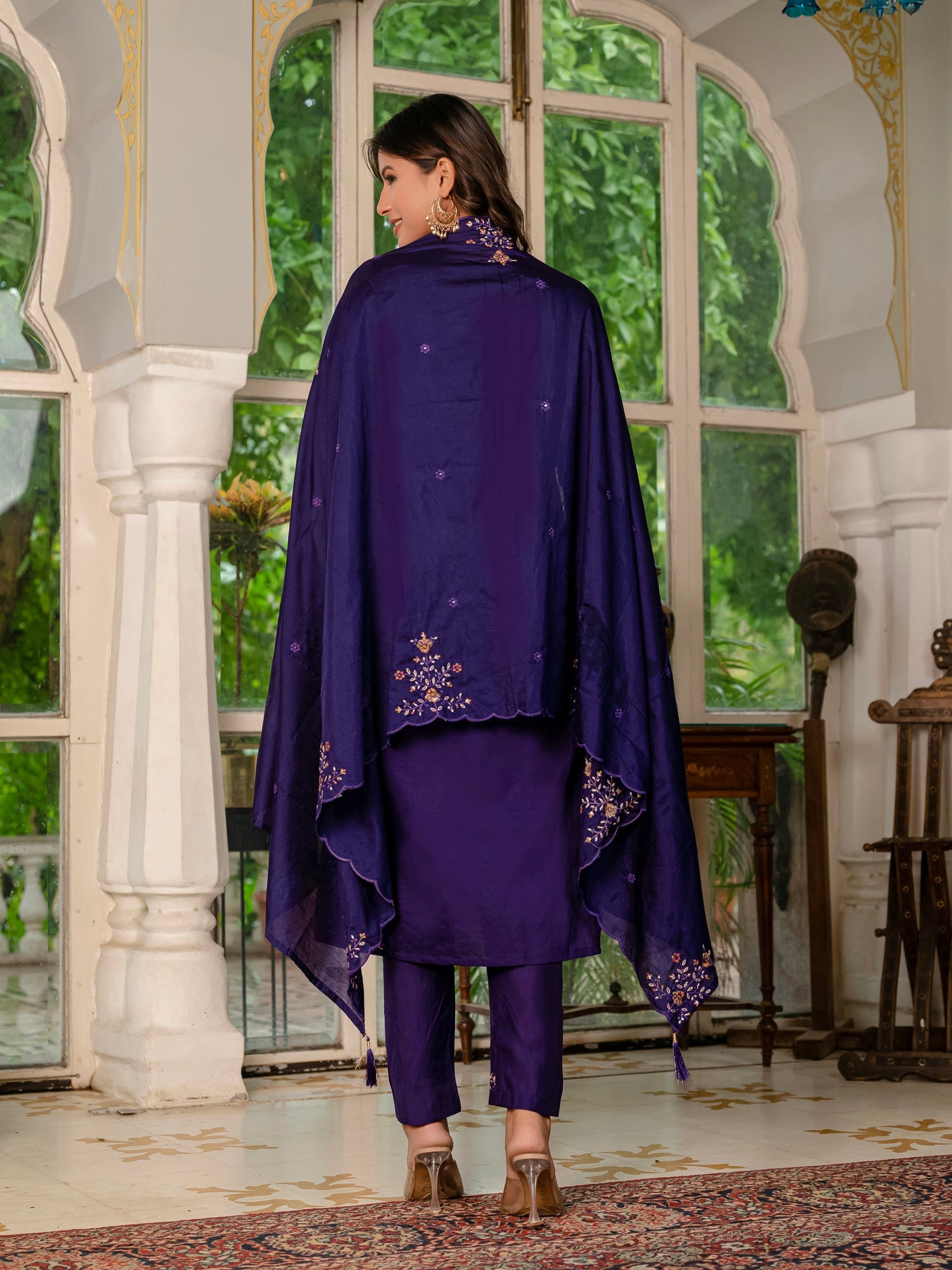 Lorenvalley Fashion Wine Marina Silk Multi Embroidery Thread,With Hand Work Kurta Pant Dupatta