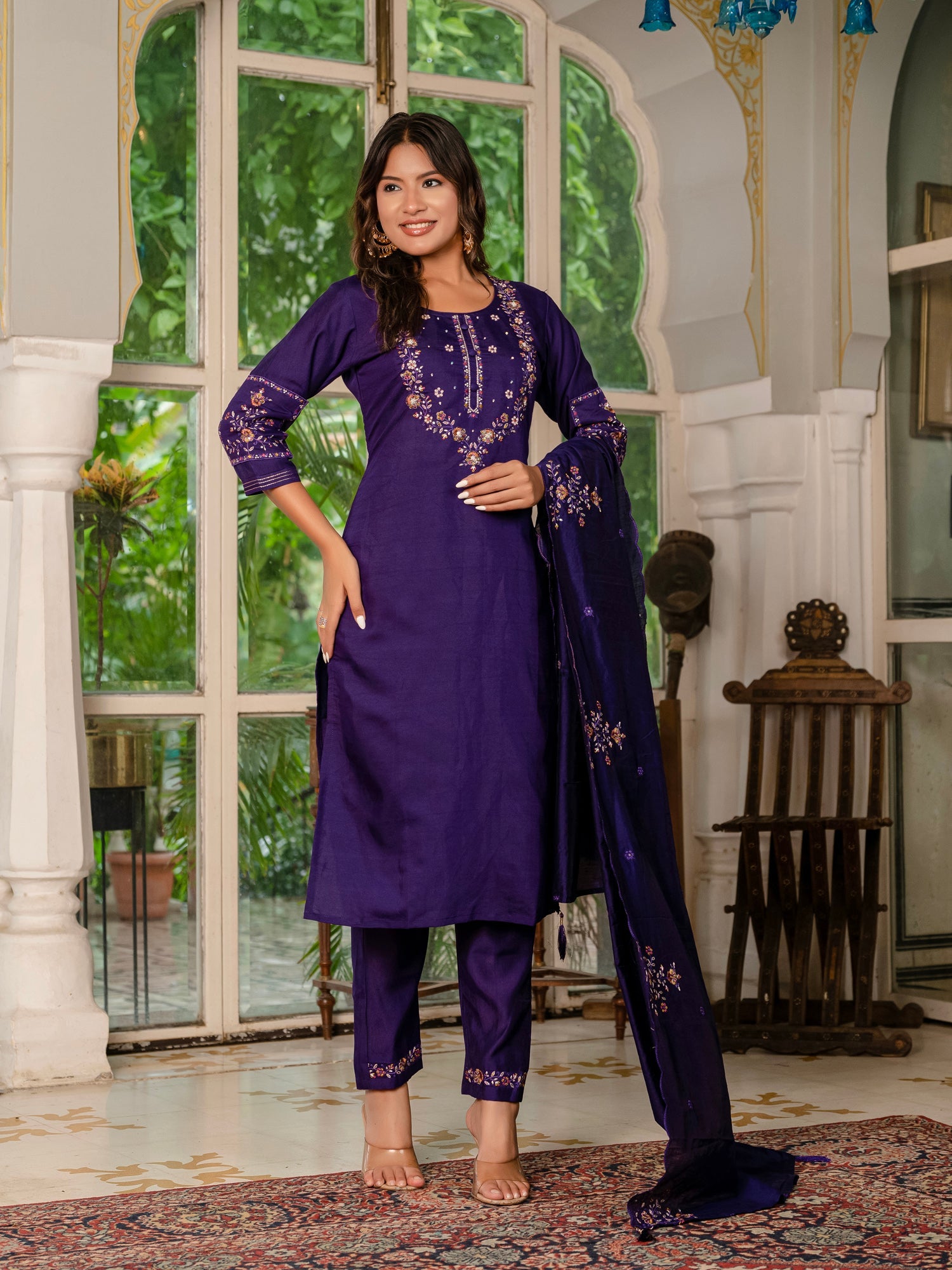 Lorenvalley Fashion Wine Marina Silk Multi Embroidery Thread,With Hand Work Kurta Pant Dupatta