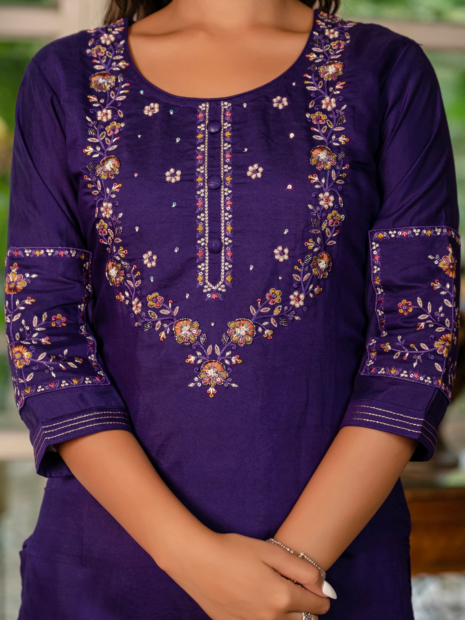 Lorenvalley Fashion Wine Marina Silk Multi Embroidery Thread,With Hand Work Kurta Pant Dupatta