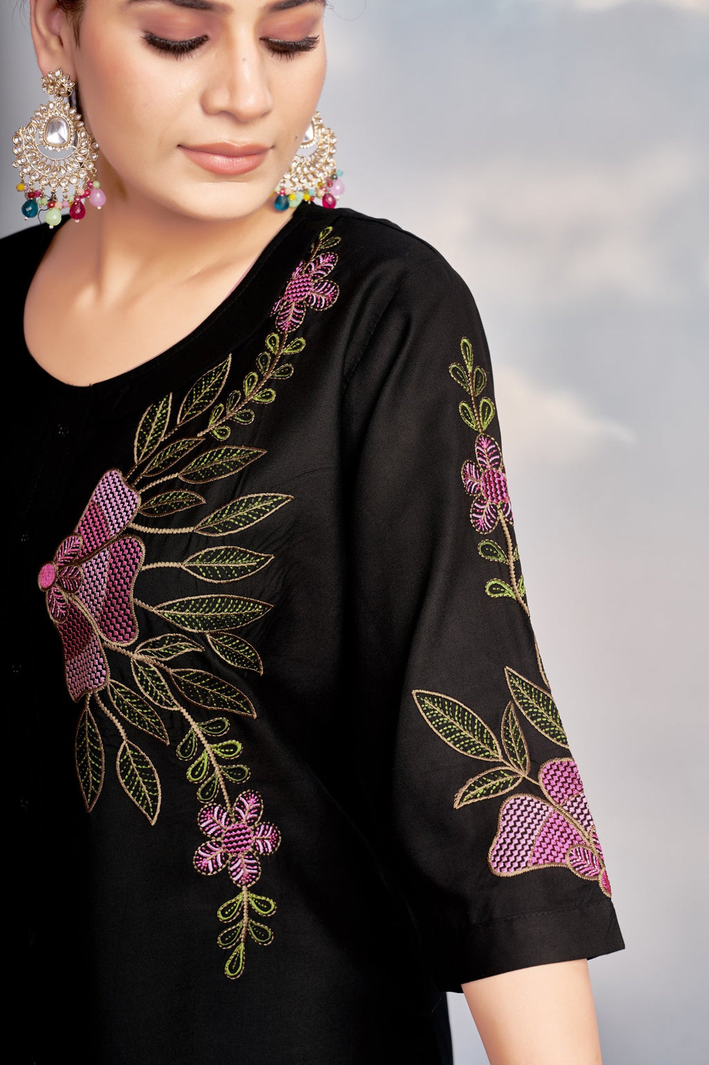 Lorenvalley Fashion Black Heavy Rayon Multi Embroidery Thread Work Co-Ords Set