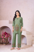 Lorenvalley Fashion Green Heavy Rayon Multi Embroidery Thread Work Co-Ords Set