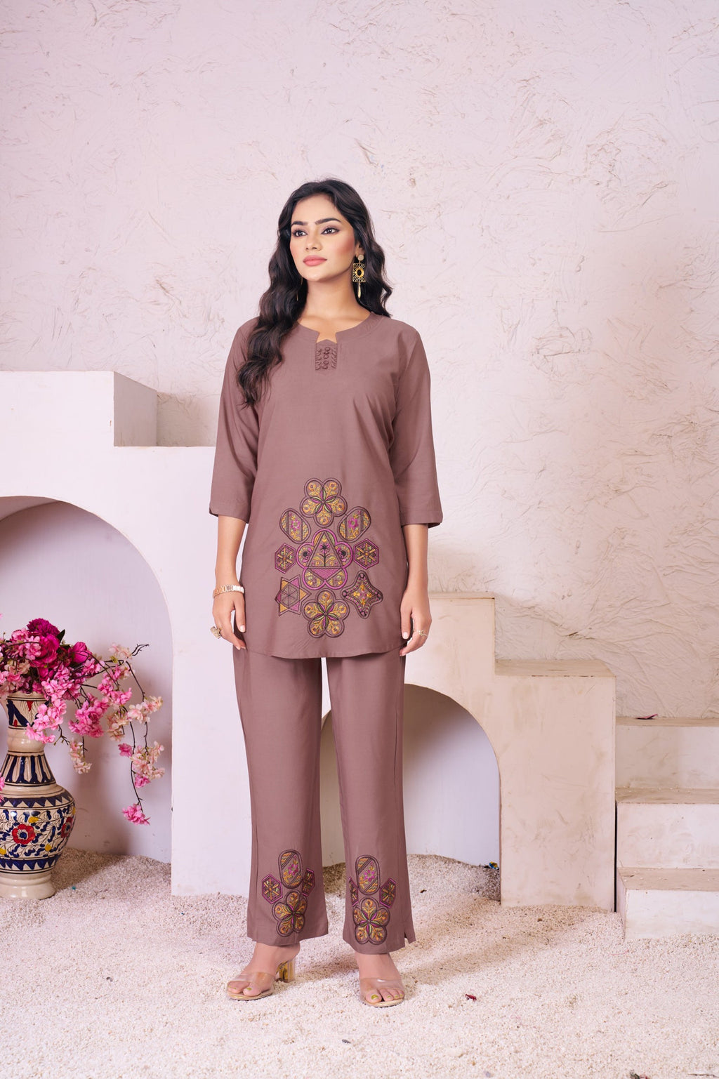 Lorenvalley Fashion Onion Heavy Rayon Multi Embroidery Thread Work Co-Ords Set
