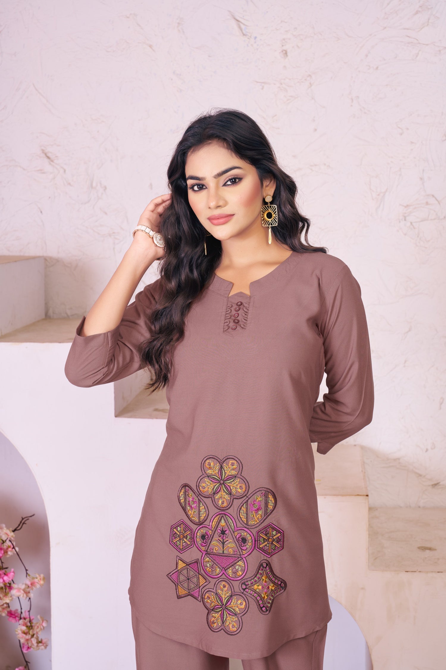 Lorenvalley Fashion Onion Heavy Rayon Multi Embroidery Thread Work Co-Ords Set