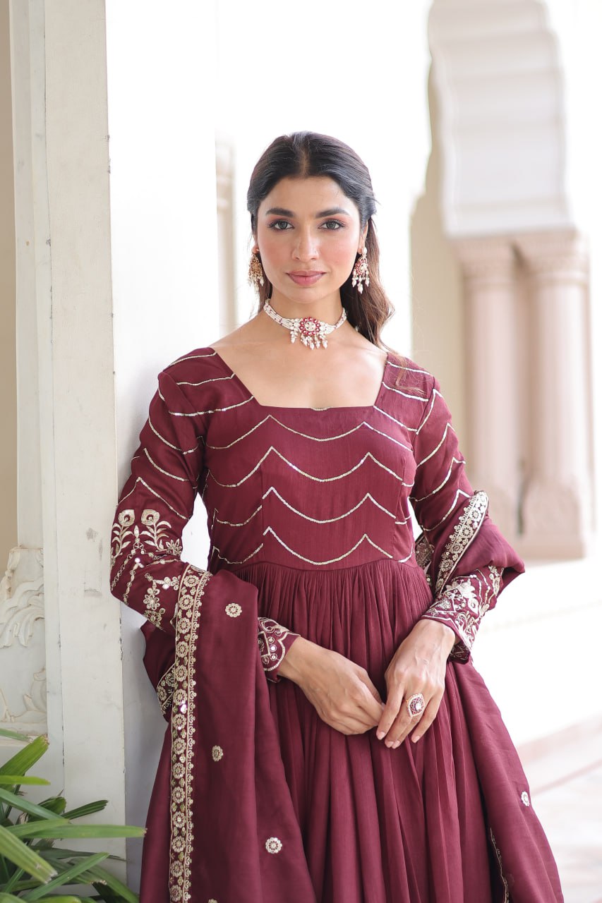 Evanik Designer Vichitra Silk with Rich Embroidered Zari & Thread Work Gown Dupatta