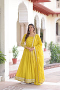 Evanik Designer Vichitra Silk with Rich Embroidered Zari & Thread Work Gown Dupatta