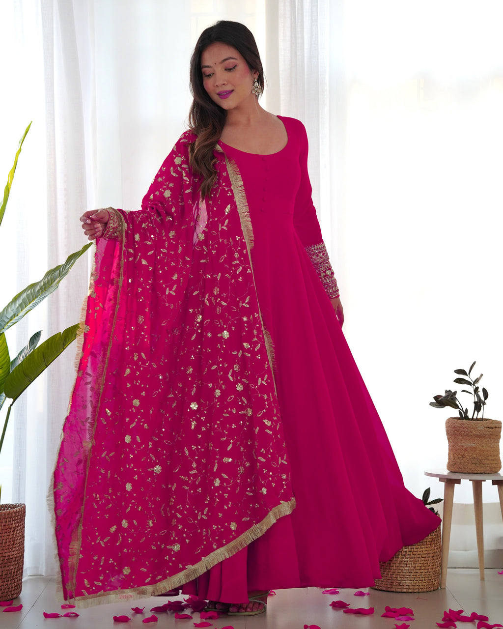 Lorenvalley Women Georgette Anarkali Gown Duppta Full Set With Pent Ready To Wear - Magenta