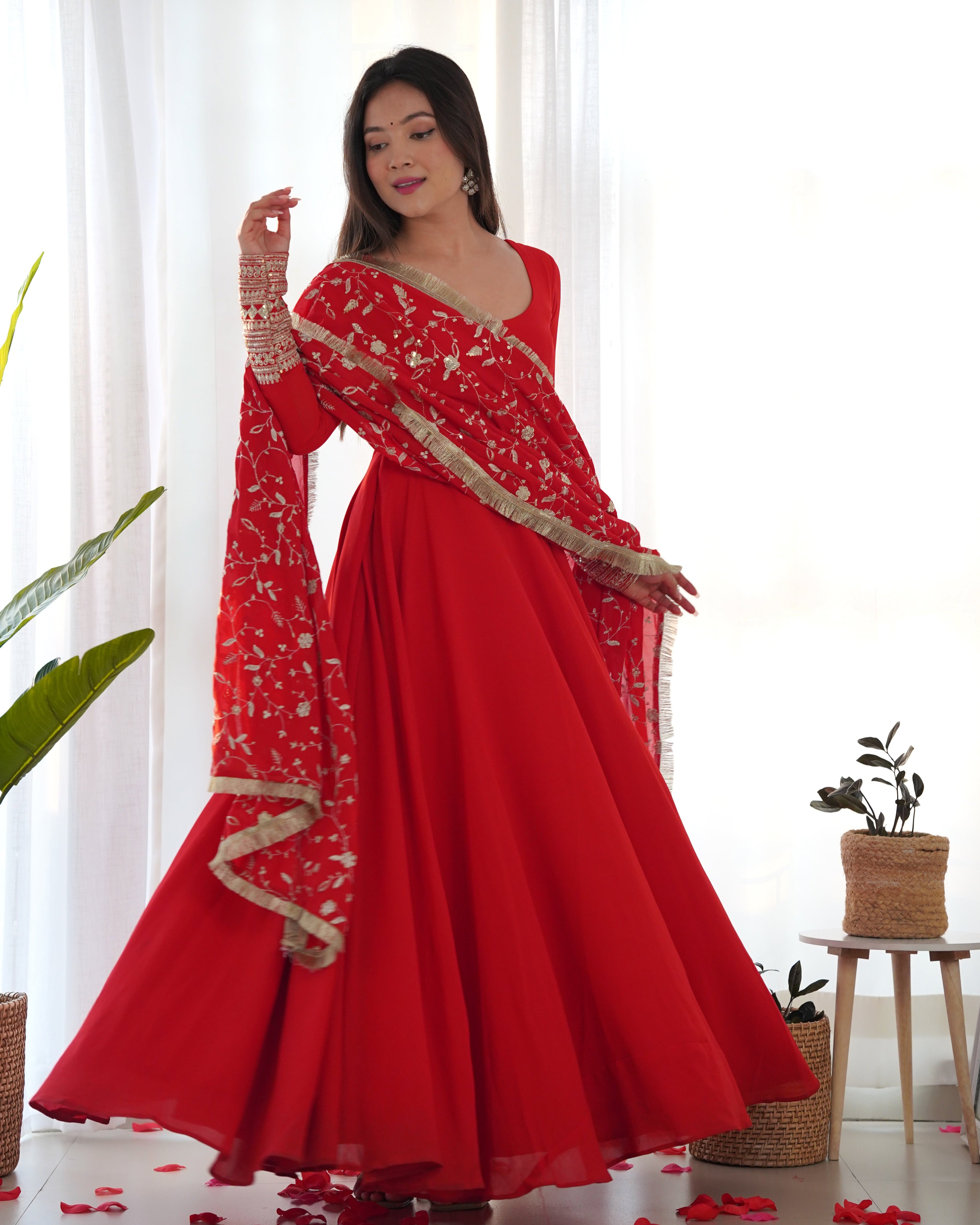 Lorenvalley Women Georgette Anarkali Gown Duppta Full Set With Pent Ready To Wear - Red