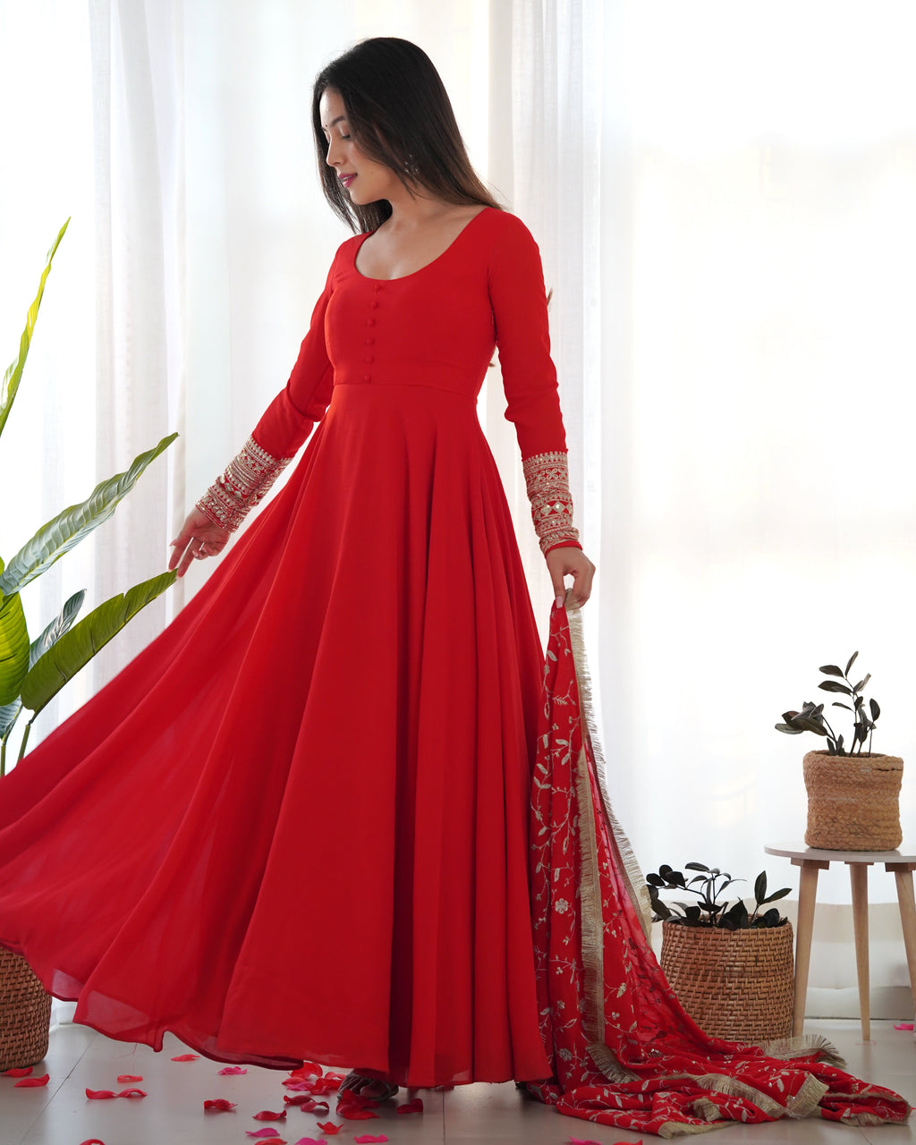 Lorenvalley Women Georgette Anarkali Gown Duppta Full Set With Pent Ready To Wear - Red