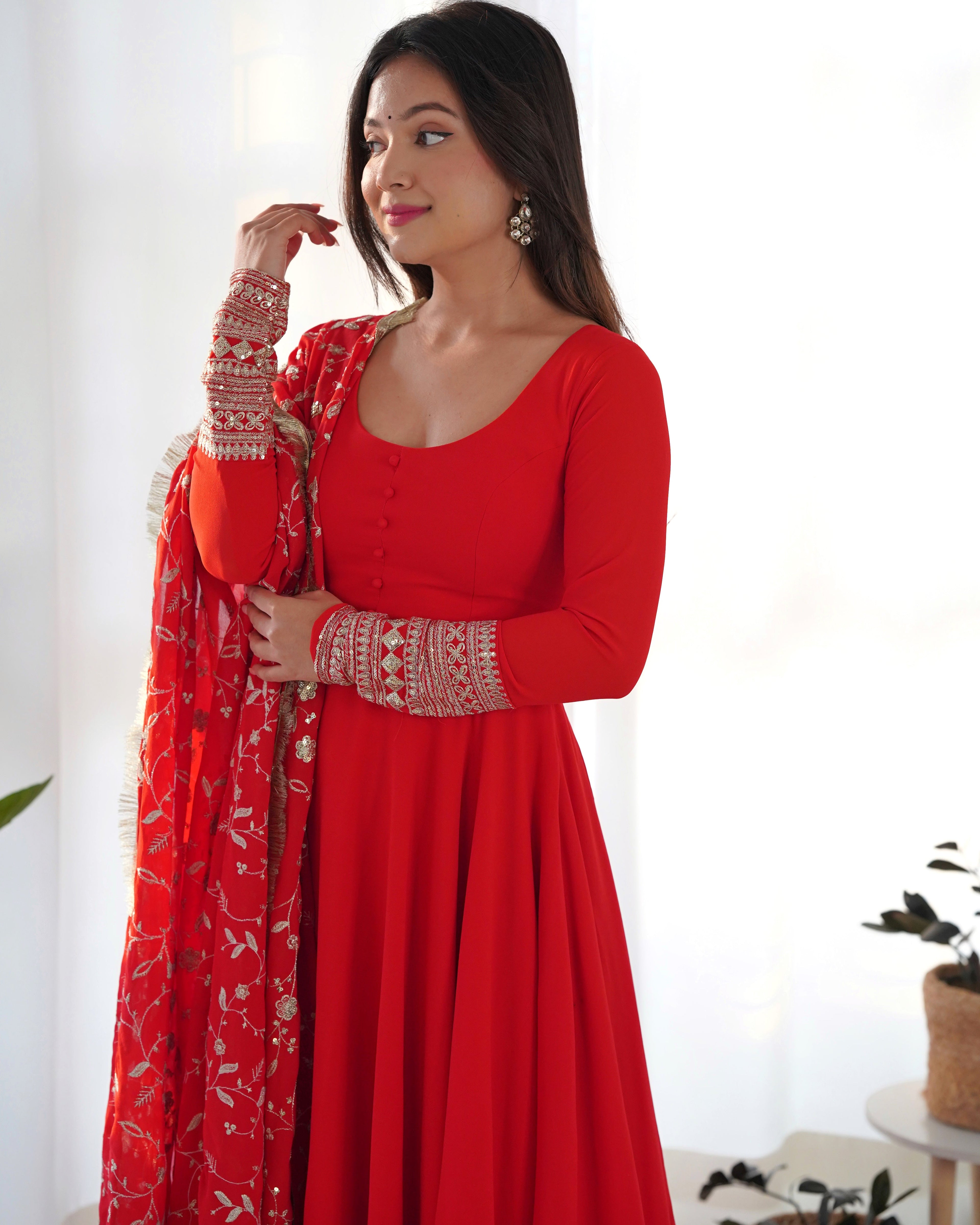 Lorenvalley Women Georgette Anarkali Gown Duppta Full Set With Pent Ready To Wear - Red