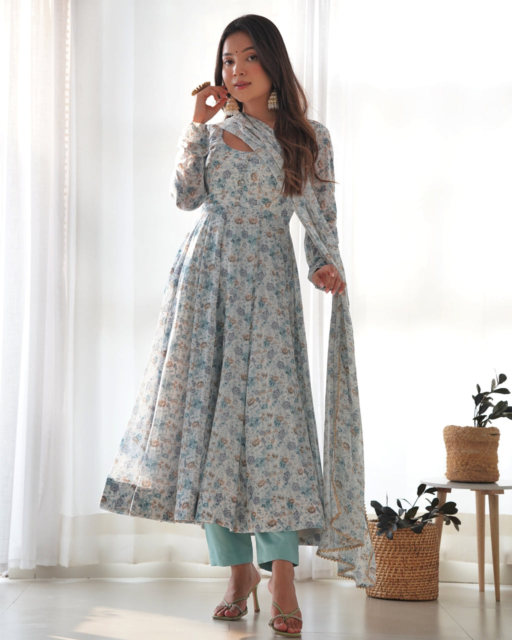 Lorenvalley Fashion Women Pure Orange Chiffon Floral Print Fully Flair Anarkali Kurta Pant With Dupatta Set - Skyblue