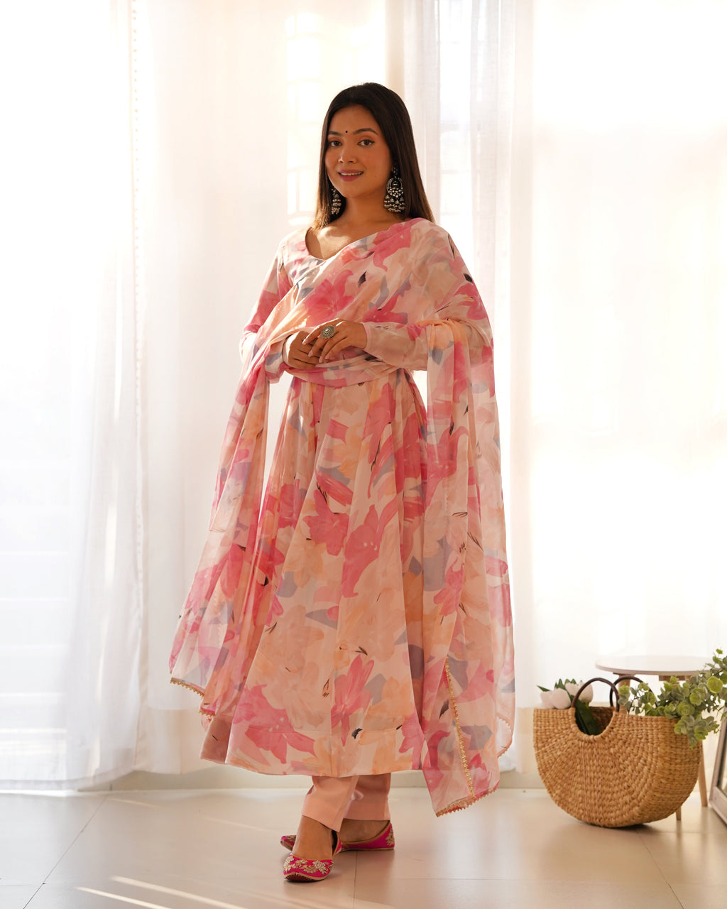 Lorenvalley Fashion Women Pure Soft Faux Georgette Floral Print Fully Flair Anarkali Kurta Pant With Dupatta Set - Peach