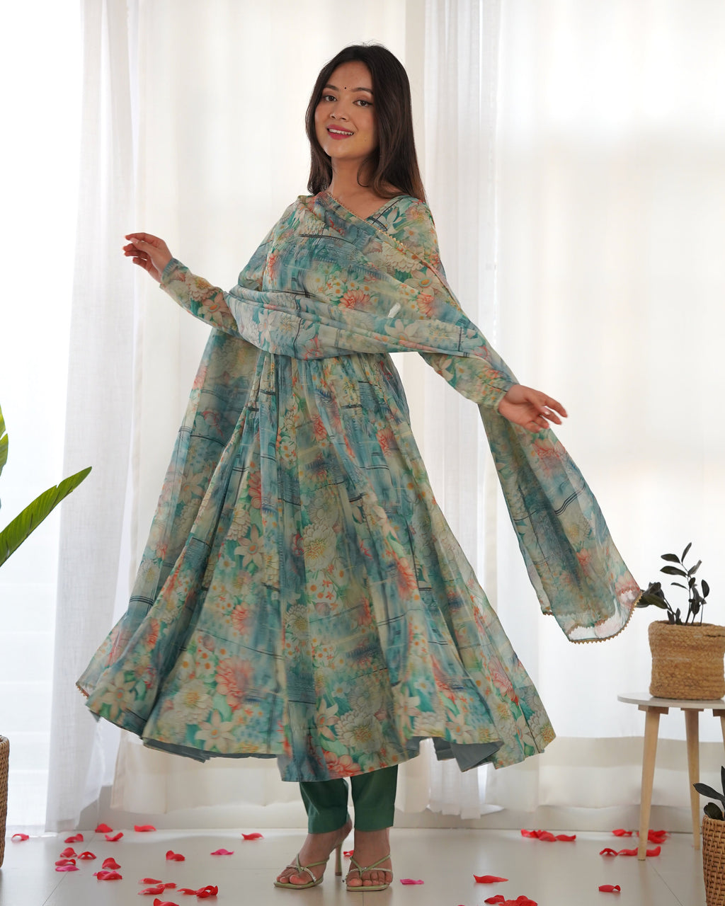 Lorenvalley Fashion Women Pure Organza Print Fully Flair Anarkali Kurta Pant With Dupatta Set - Multicolor