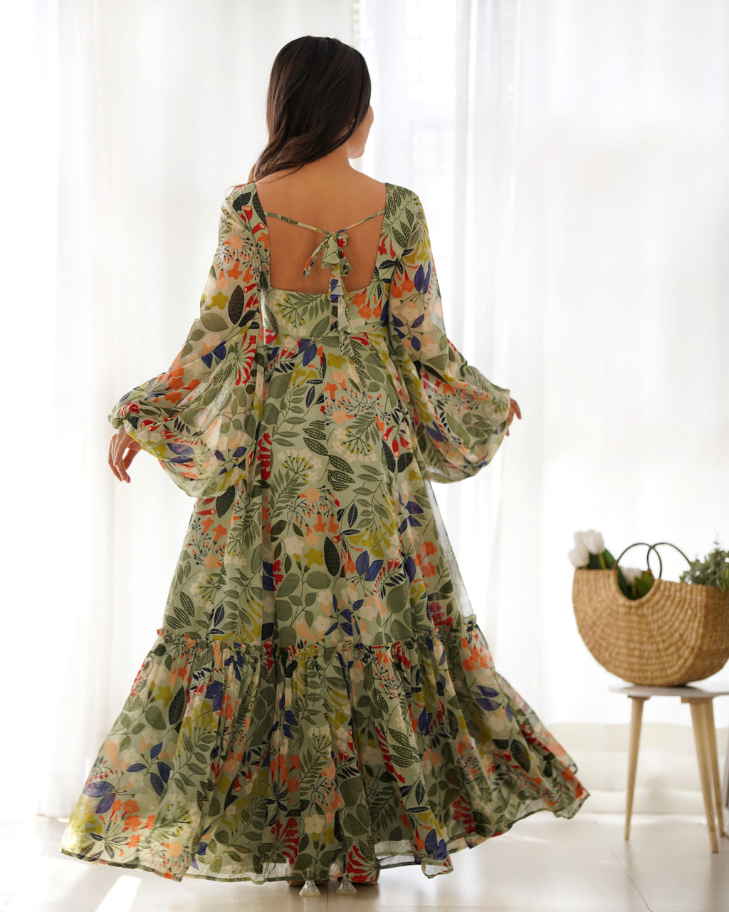 Lorenvalley Women Pure Soft Faux Georgette Floral Print Anarkali Gown - Seagreen