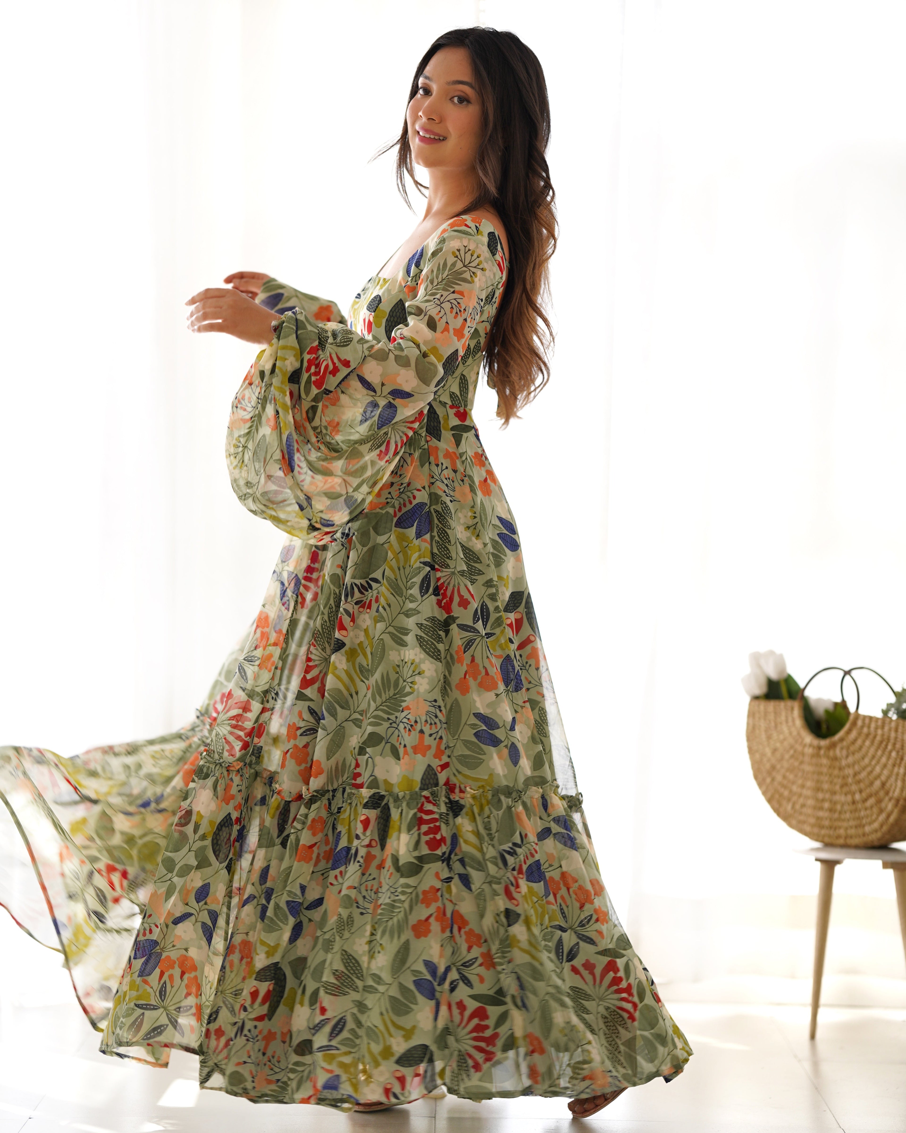 Lorenvalley Women Pure Soft Faux Georgette Floral Print Anarkali Gown - Seagreen