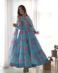 Lorenvalley Fashion Women Pure Soft Faux Georgette Floral Print Fully Flair Anarkali Kurta Pant With Dupatta Set - Skyblue