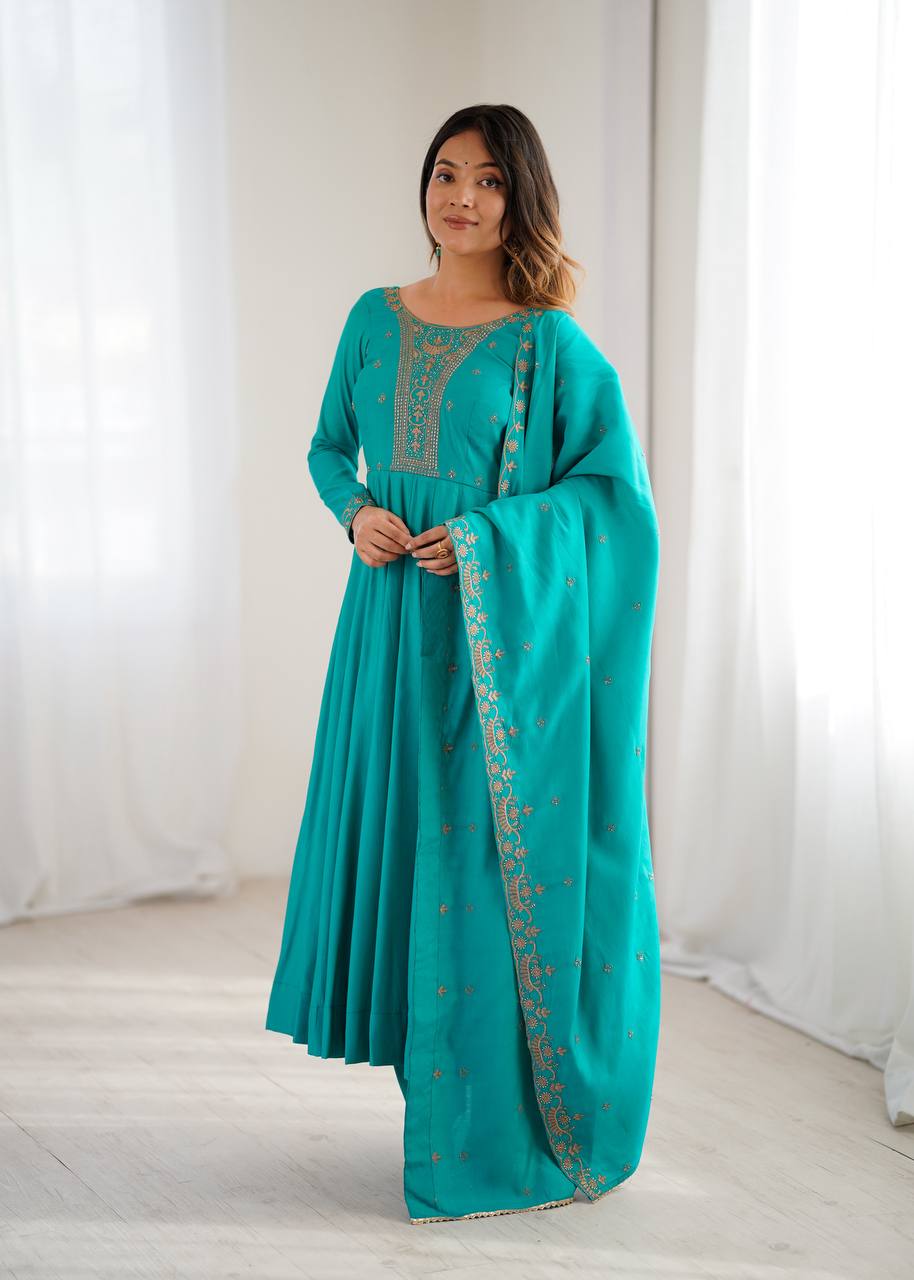 Evanik Rama Pure Roman Shimmer Chanderi With Beads Work Wedding Anarkali Suit